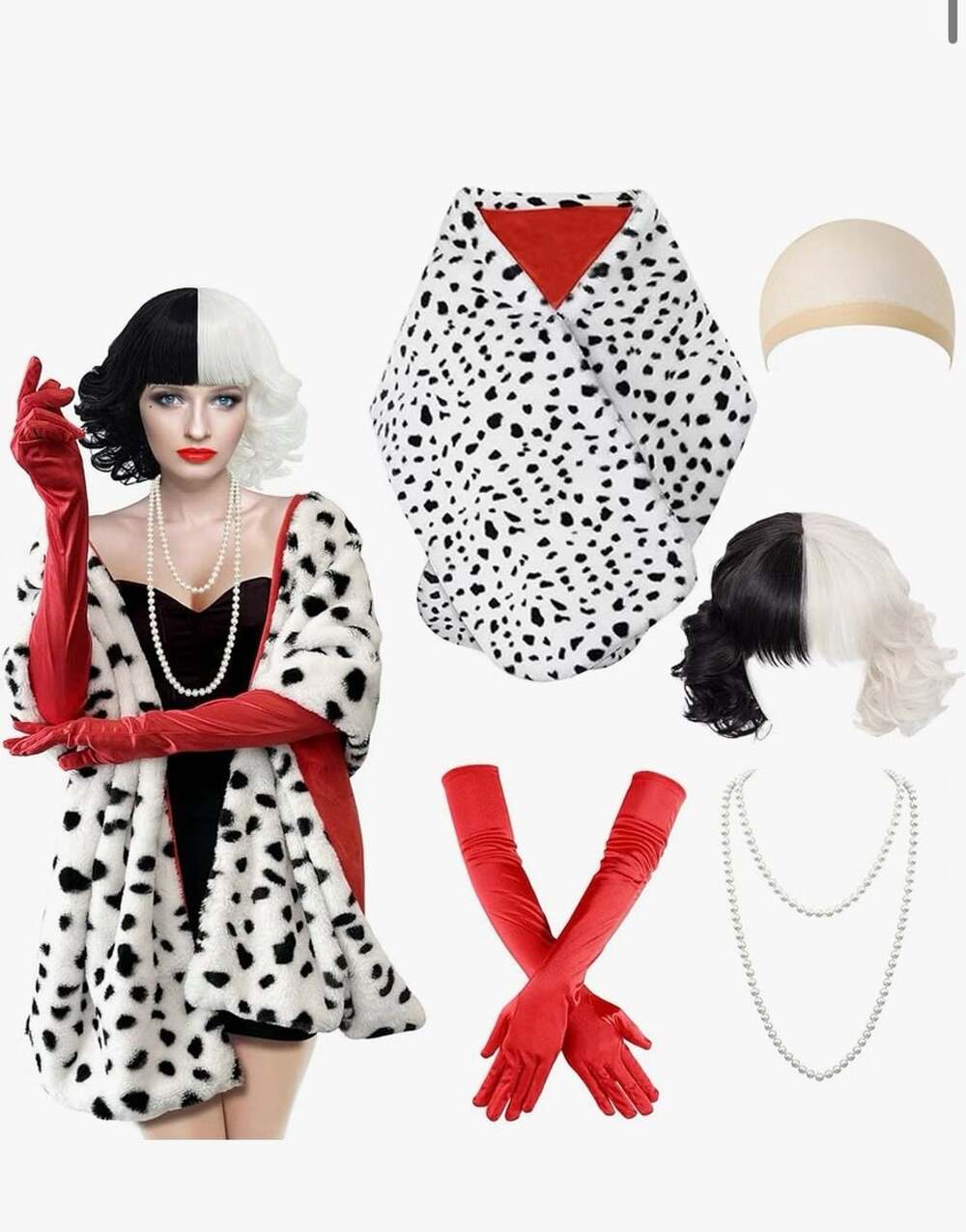 Pextian Dalmatian Shawl Red Gloves Necklace and Wig Cosplay Costume Set